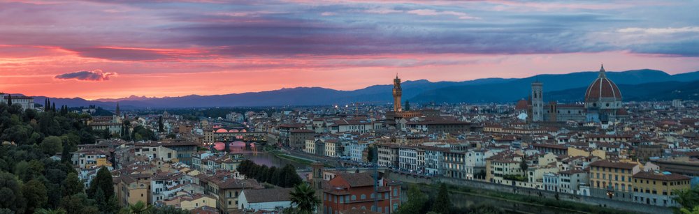 Panoramic sunset view of Florence skyline from Piazzale Michelangelo viewpoint