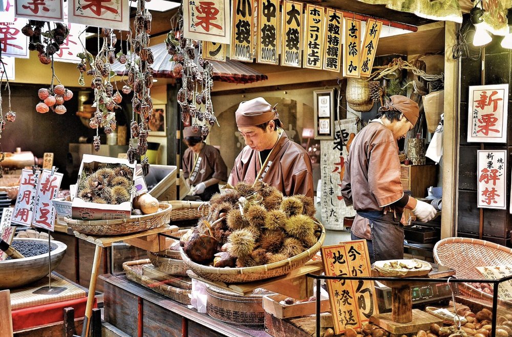 A stall selling what appears to be sea urchin