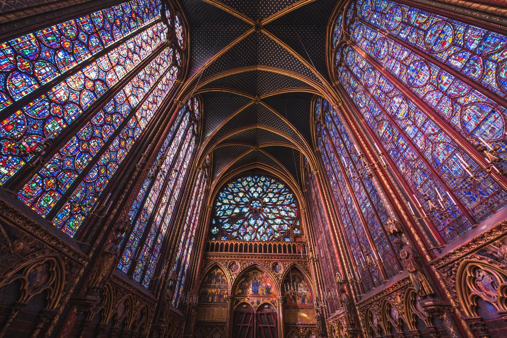 Towering stained glass windows inside Sainte-Chapelle