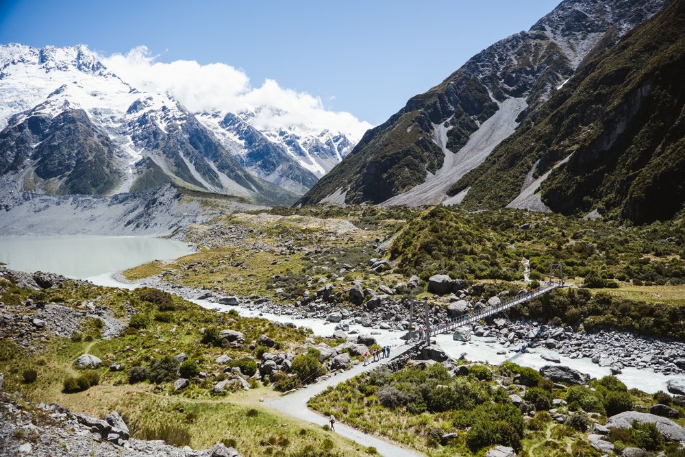 Two large mountains, one with snow and one without, behind a valley full of greenery, a bridge, and people walking.