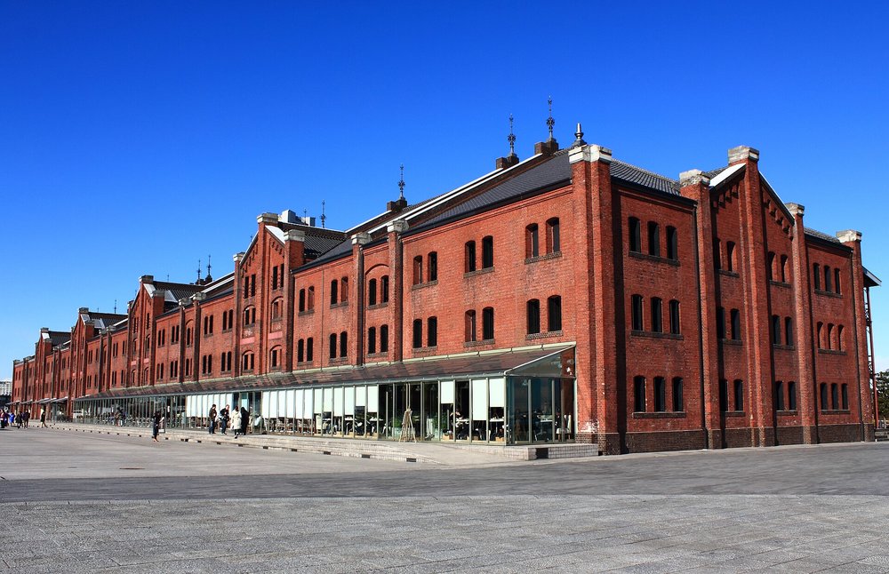 Historic red brick warehouse building in Yokohama harbor