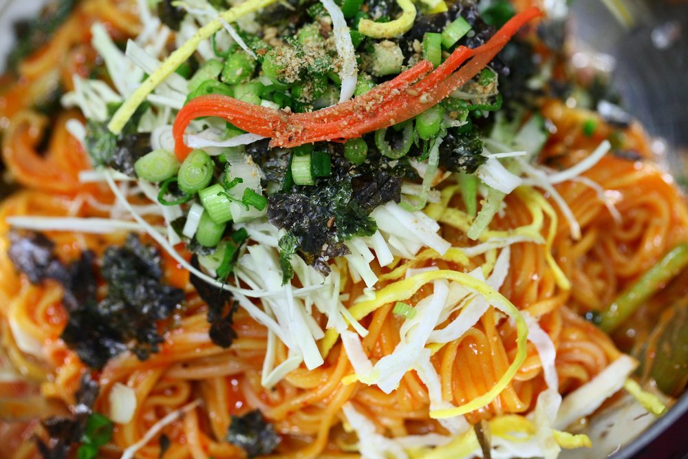 Bibim guksu, spicy Korean cold noodles.