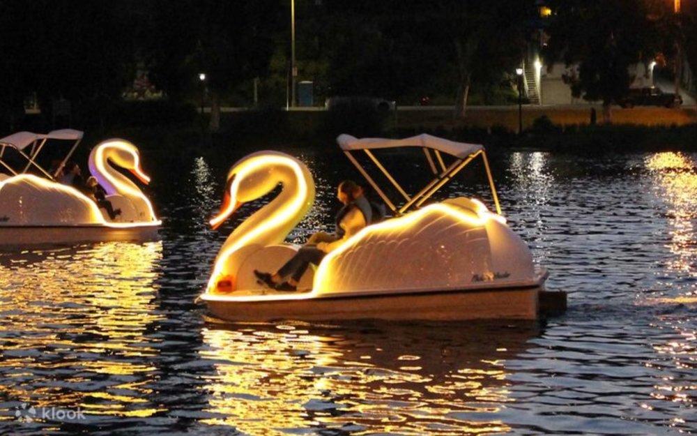 Swan boat rides at Echo Park Lake at night