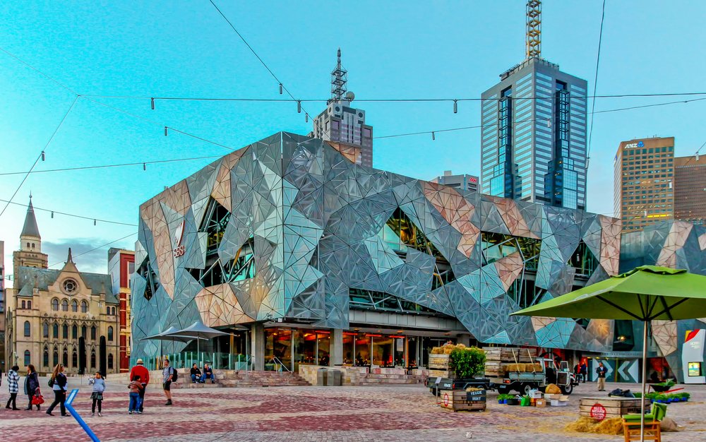 Federation Square in Melbourne, with its unique triangular patterns.