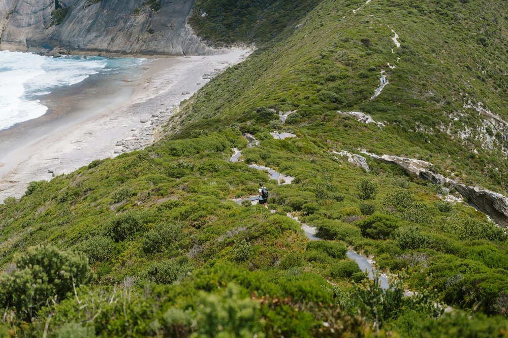 Person hiking through a seaside trail