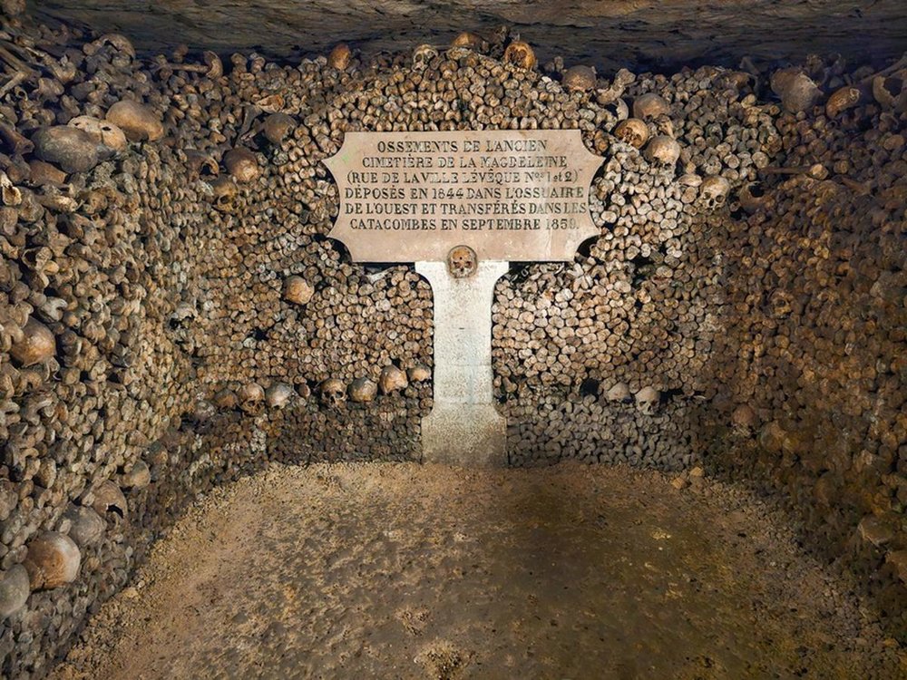 Close-up view inside the Paris Catacombs, showing neatly stacked human skulls and femurs along a dimly lit underground wall