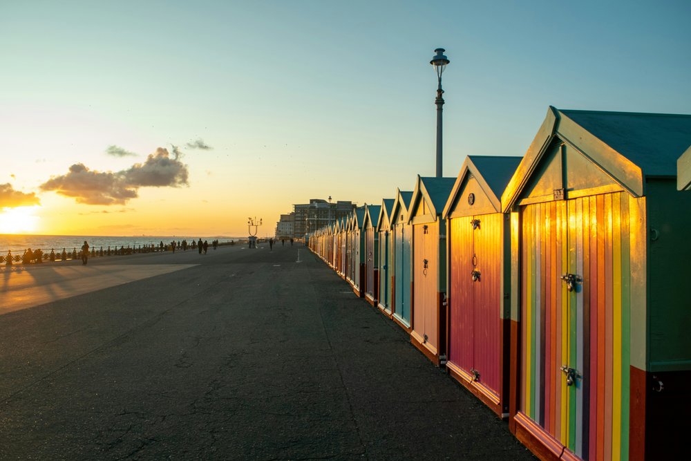 Sunset view of Brighton Bathing Boxes