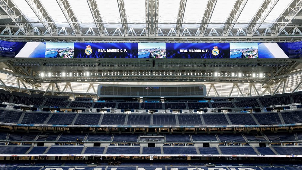 The massive interior of the Santiago Bernabéu stadium, home of Real Madrid
