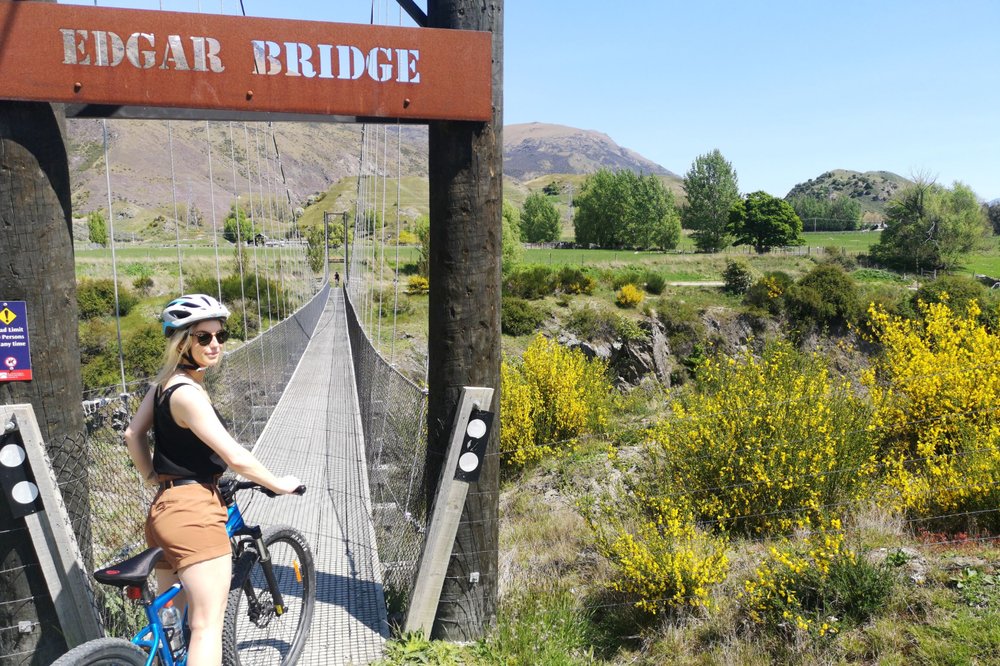 A woman biking across the Gibbston Valley.