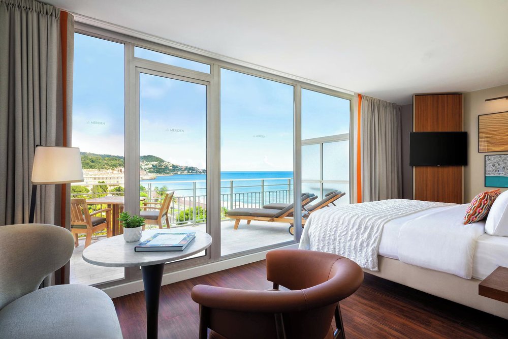 A hotel room with balcony at the Le Meridien Hotel in Nice, France