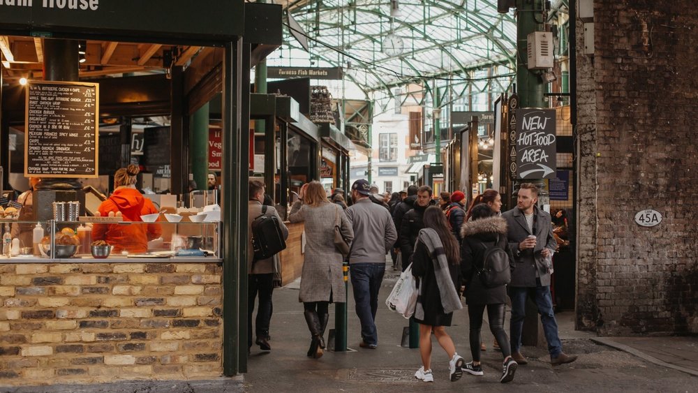 Sample artisan cheeses and baked goods at Borough Market