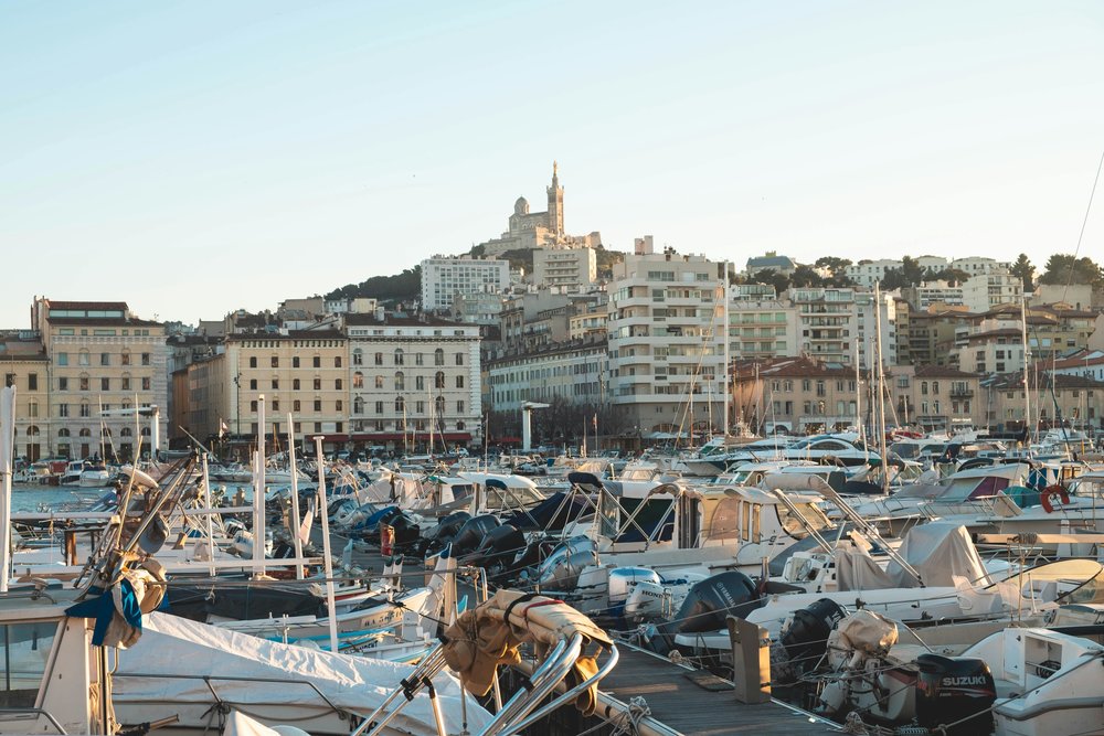 Marseille’s busy Old Port with Notre-Dame de la Garde above