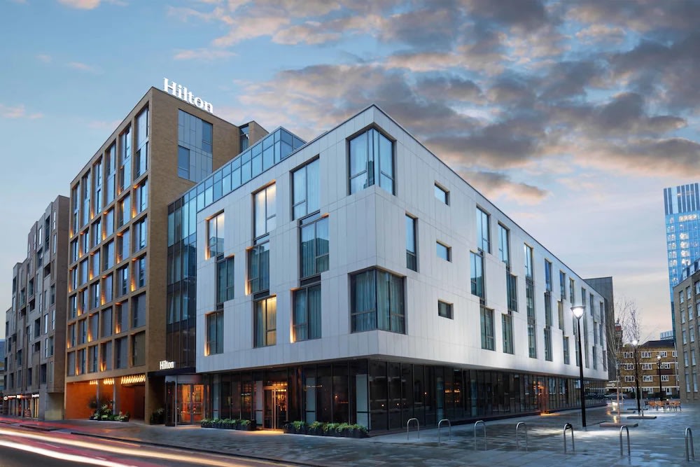 Modern London hotel exterior on a city corner