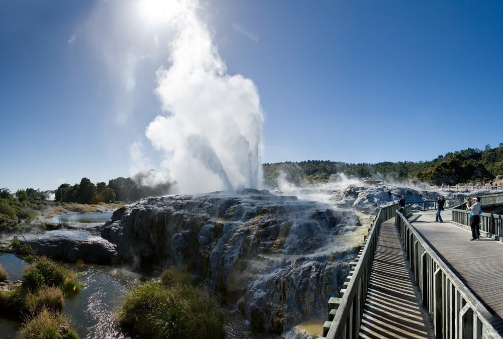 Rotorua geyser erupting at Te Puia geothermal park