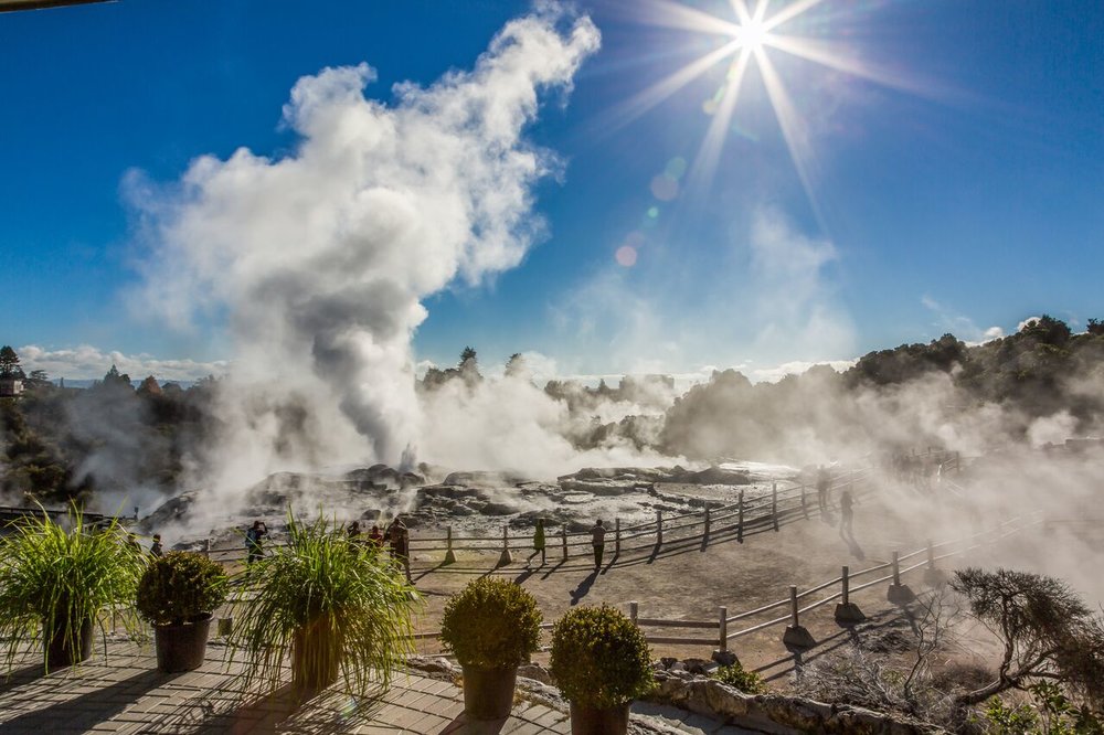 Steam rises from Rotorua geothermal pools at Te Puia
