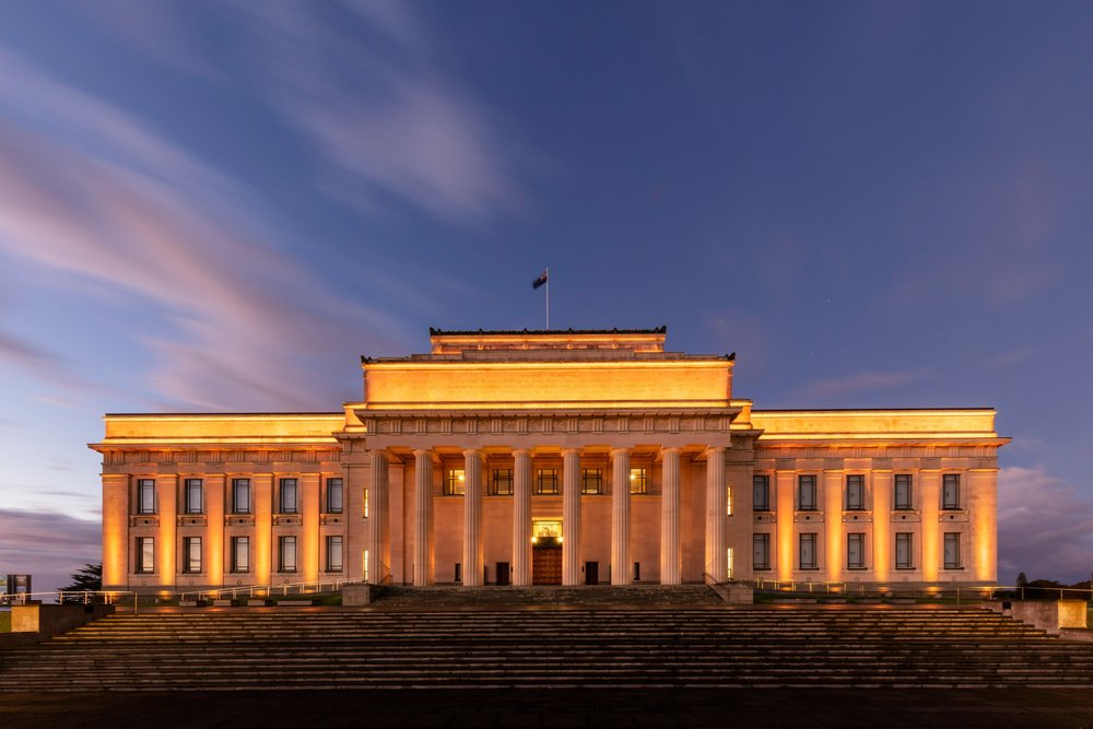Auckland Museum illuminated at dusk in New Zealand