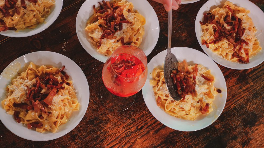 Creamy carbonara topped of with bacon