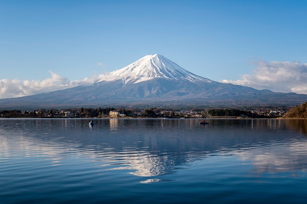 The famous Mount Fuji mirrored on Lake Kawaguchi