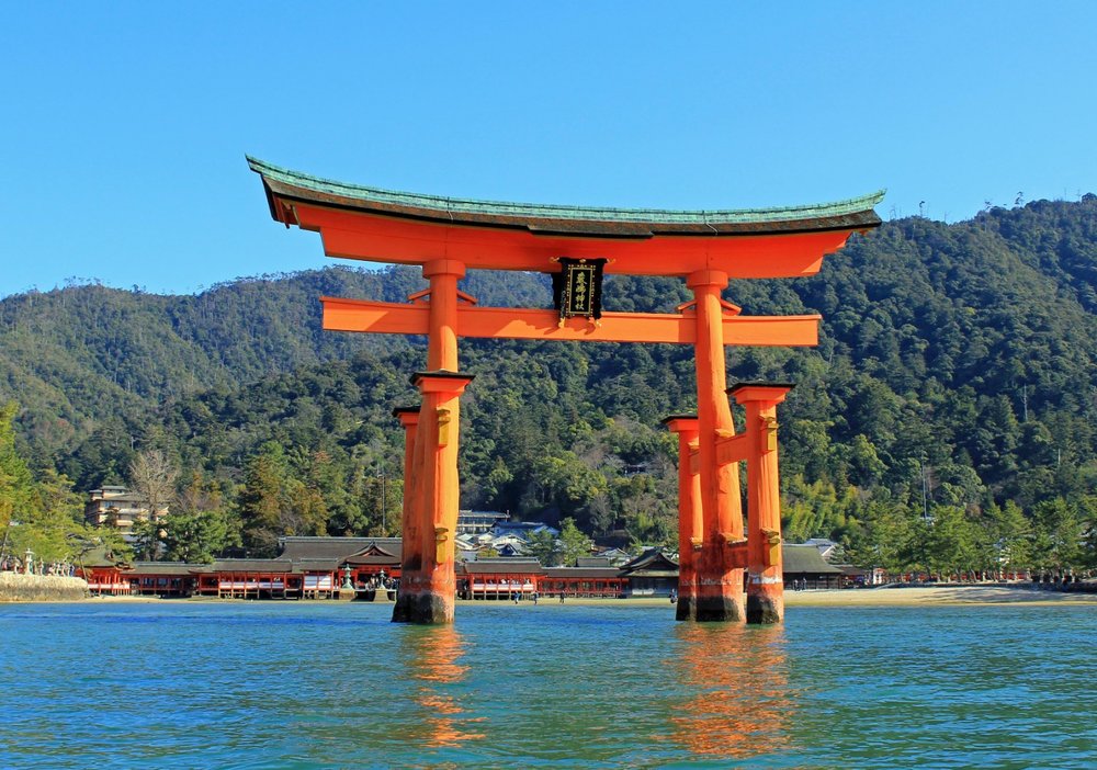 The famous torii gates in Itsukushima Shrine