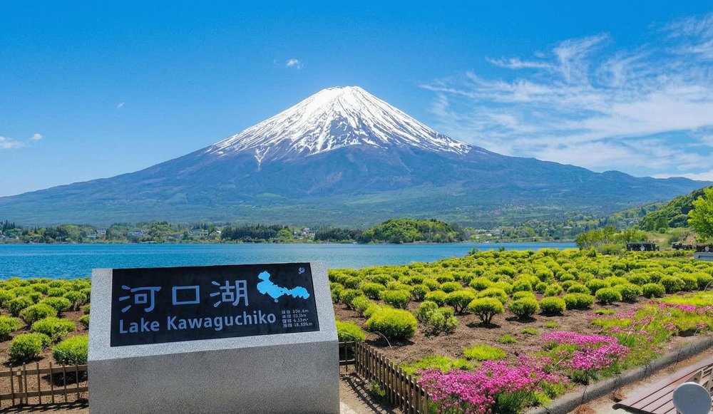 A view of Mount Fuji from Lake Kawaguchiko, part of a Mount Fuji day tour from Tokyo