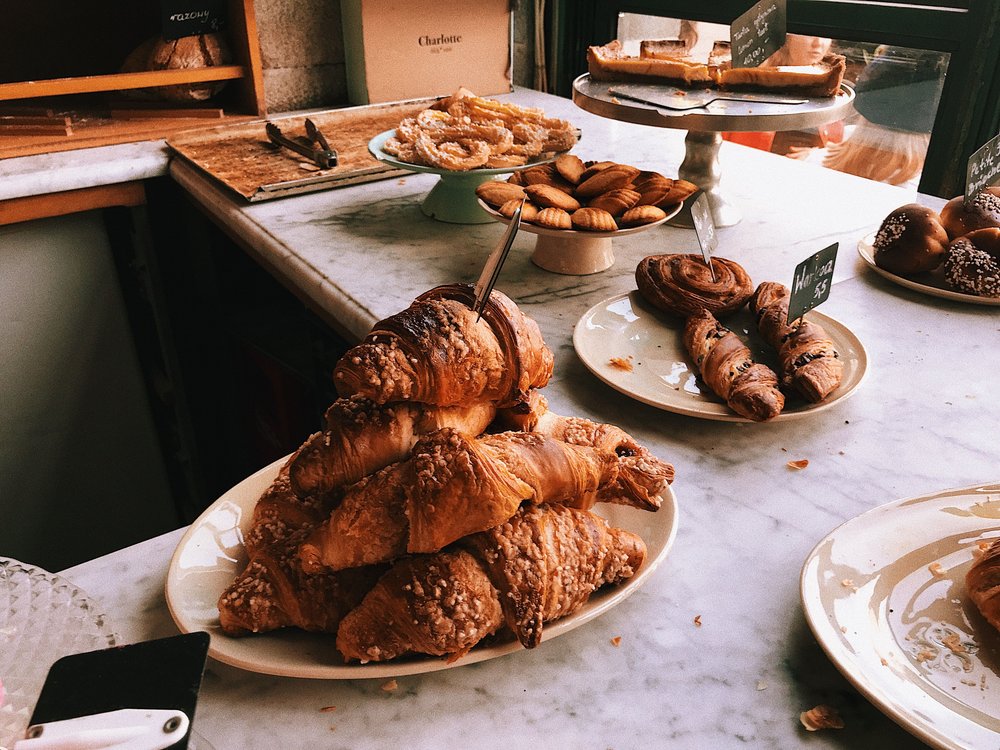 A plateful of croissants in a Paris bakery