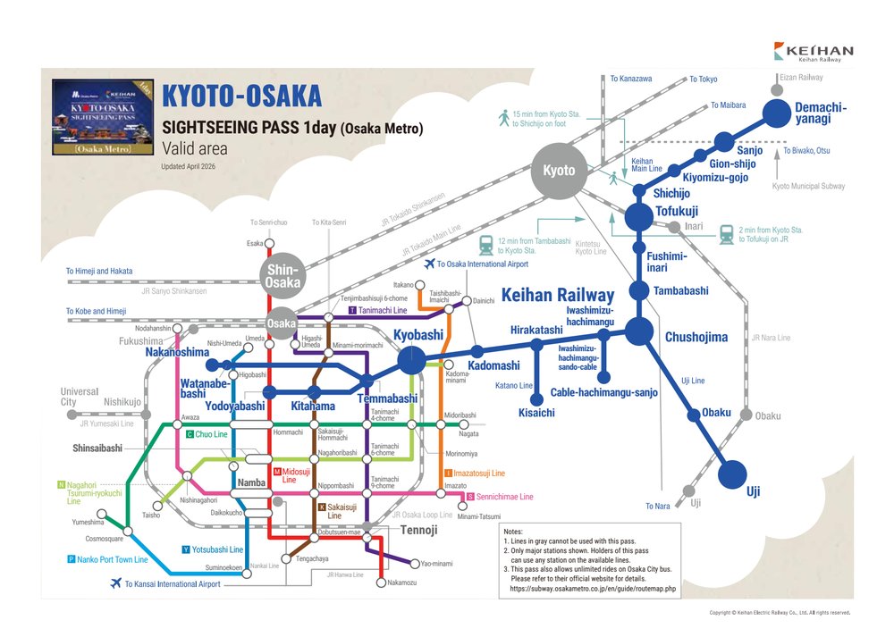 Kyoto-Osaka Sightseeing Pass map
