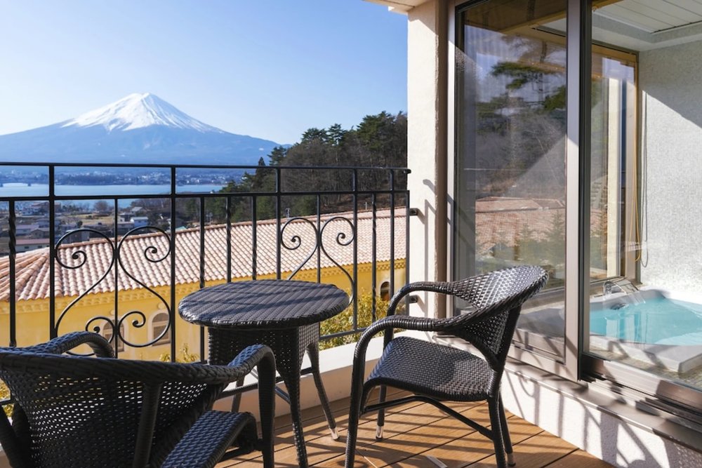 Views of Mt Fuji from the balcony at La Vista Fujikawaguchiko