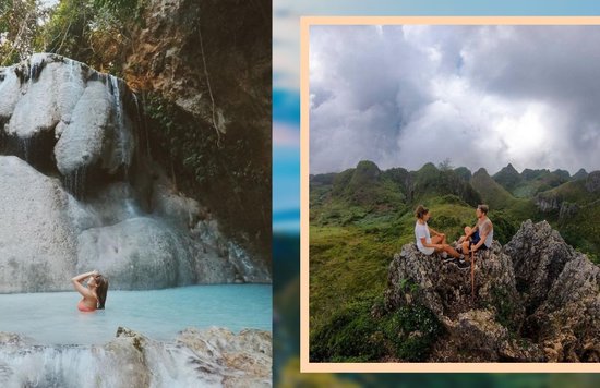 woman bathing in Aguinid Falls and a couple on top of rocks somewhere in Osmena Peak