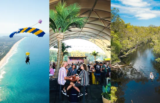 NightQuarter | Credits to NightQuarter;  Noosa Everglades | Credits to Visit Sunshine Coast; Skydive Noosa | Credits to Skydive Noosa 