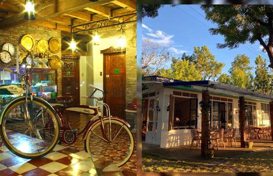 Bike in lobby and a facade of a restaurant