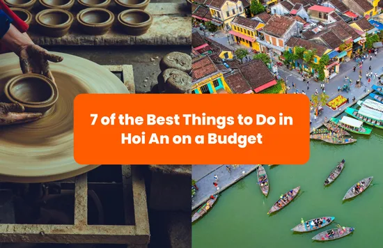 person making pottery on the left and a bird's-eye view of Hoi An's ancient town on the right