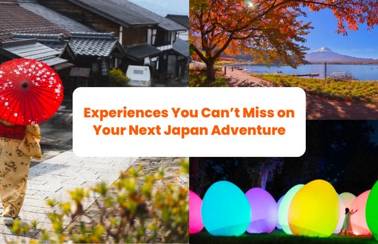 a collage of three photos: a lady wearing a kimono, a picture of mt fuji, and lit up egg sculptures