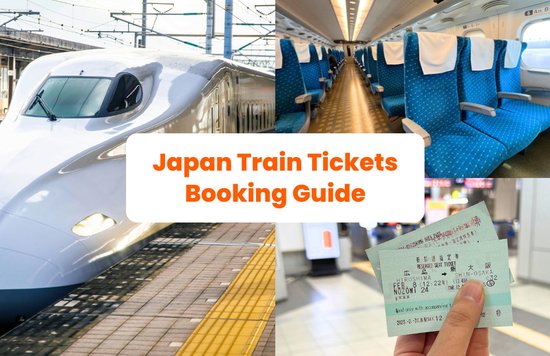 a collage of photos that contain japan train tickets, limited express train facade, and the interior