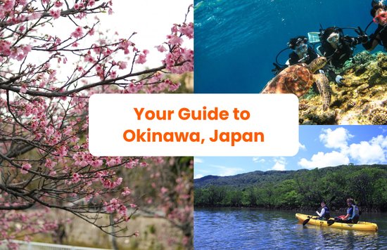 a collage of photos from okinawa with a paragraph title, your guide to okinawa japan