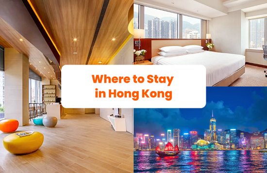 a collage of images, two are interiors of hotels, and one is of victoria harbour in hong kong