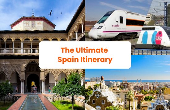 a collage of photos showing places in spain along with the title of article in the middle: the ultimate spain itinerary