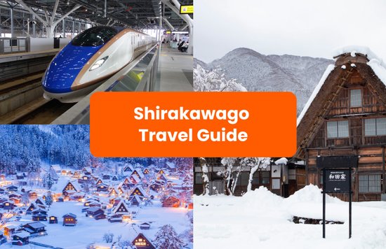 a collage of photos featuring houses in shirakawago and hokuriku train