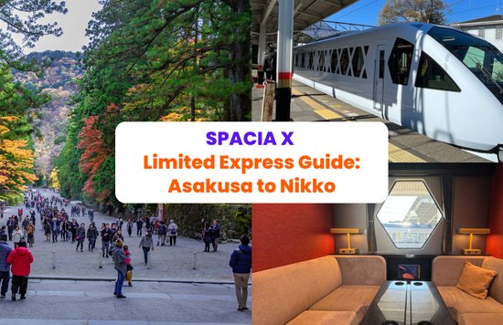 a collage of photos showcasing spacia x's interior and exterior, as well as a location in Nikko