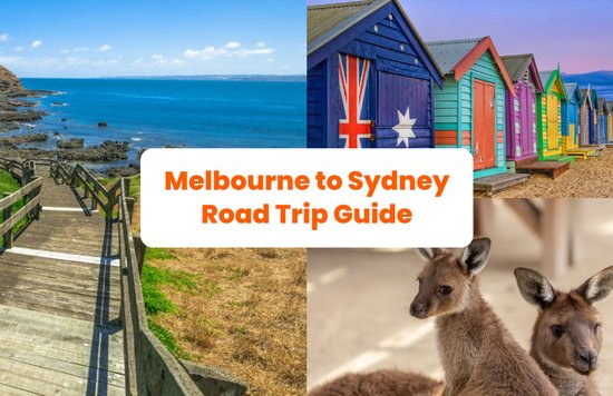 a collage of photos of landmarks in Australia with the title in middle "melbourne to sydney road trip guide"