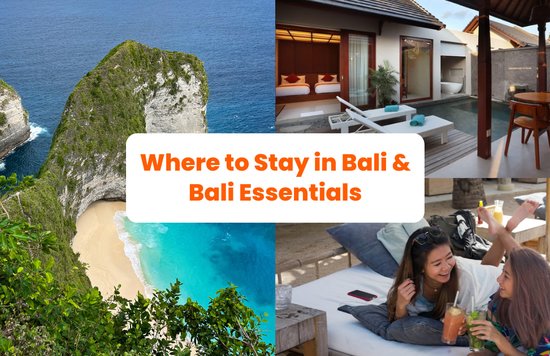 a collage of photos taken in Bali showing accommodation, landmarks, and people enjoying drinks
