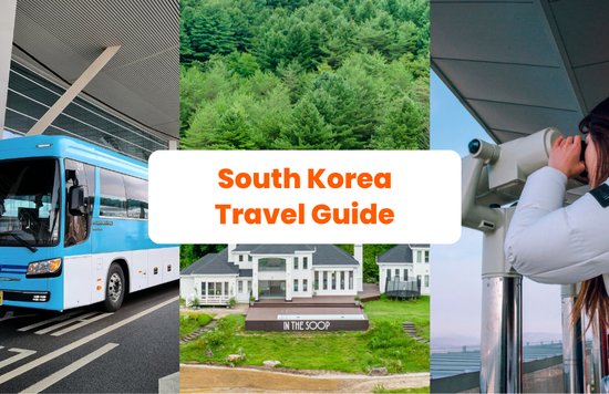 collage of photos in korea from airport bus, to bts in the soop location, and a visitor looking through binoculars in DMZ
