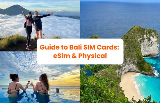 collage of photos showing people enjoying bali, indonesia with copy in the middle about bali sim cards