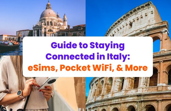 a collage of photos showing famous italy landmarks with the title of the article about how to stay connected to the internet in italy