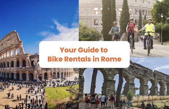 [Bike rental in rome] Collage of Colosseum, Appian Way, and cyclists in front of the Colosseum