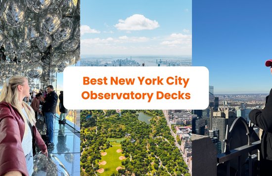 Collage of New York City observation decks including mirrored room, Central Park, and skyline views