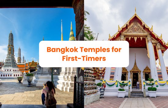 Split image of Bangkok temples with a sign reading Bangkok Temples for First-Timers