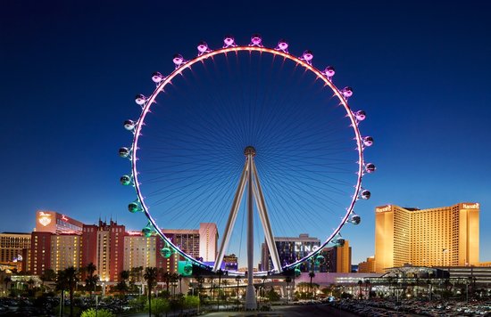 High Roller Las Vegas Ferris Wheel glowing at night on the Strip