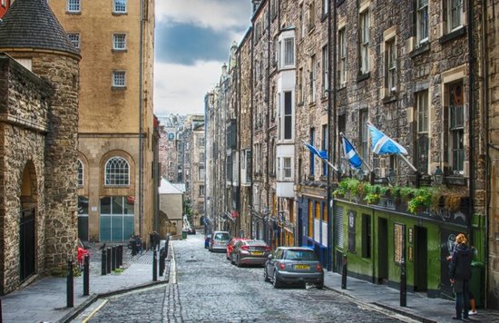A cobblestone street in Edinburgh's, Scotland