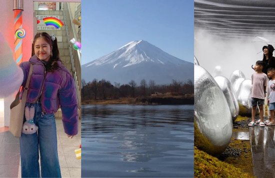 Photos of children enjoying and Mount Fuji