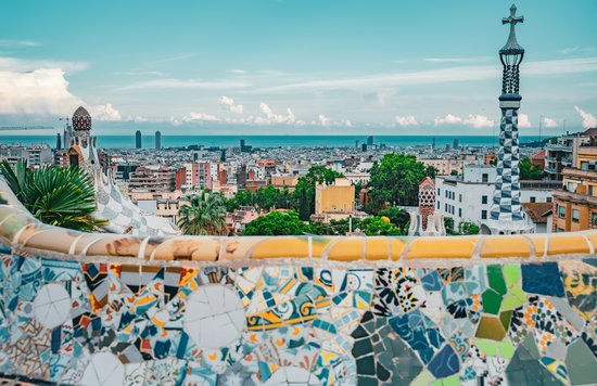 Overlooking view of Barcelona from the Serpentine Bench atop Park Güell